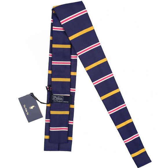NEW Polo Ralph Lauren Silk Vintage Skinny Tie! Square Bottom Navy Stripes ITALY - Picture 1 of 2